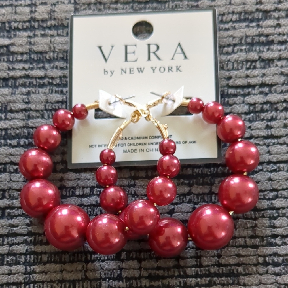 Burgundy Large Faux Pearl Hoop Earrings